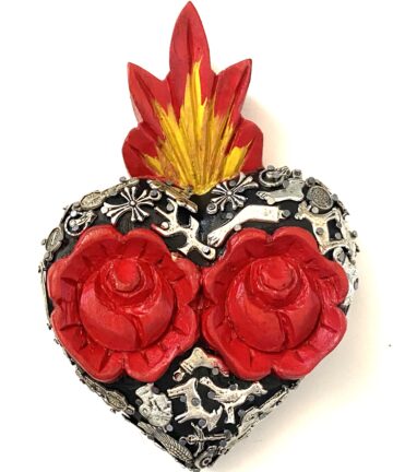 Cuore Sacro Rose Intagliate Large Miracoli Argento in Legno